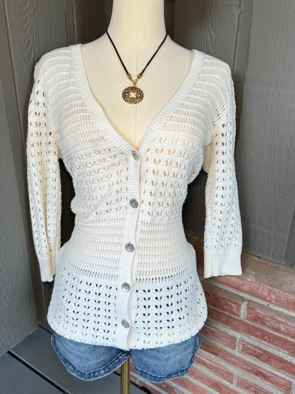 DKNY Women's White and Cream Cardigan